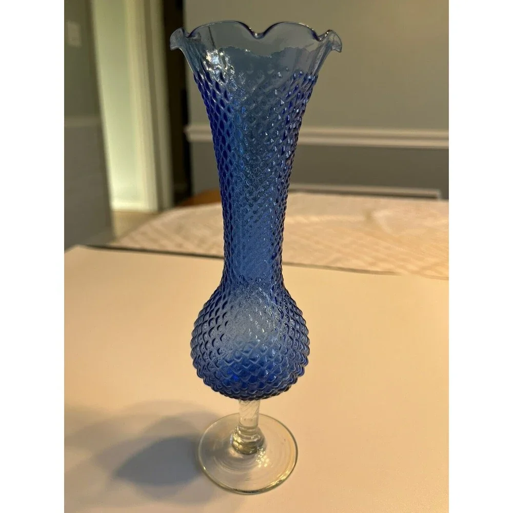 Blue Glass Diamond Cut, Ruffled Rim, Clear Footed Bud Vase Delicate
